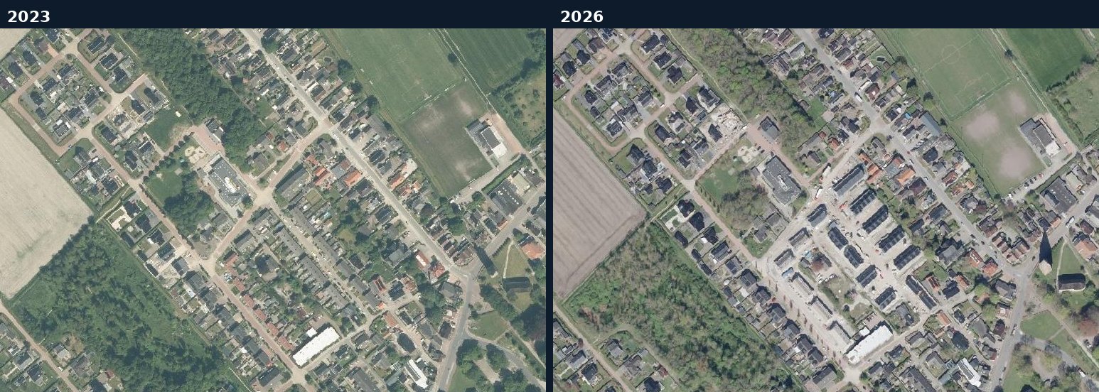 Luchtfoto van een bouwlocatie in Midden-Groningen in 2023 en 2026