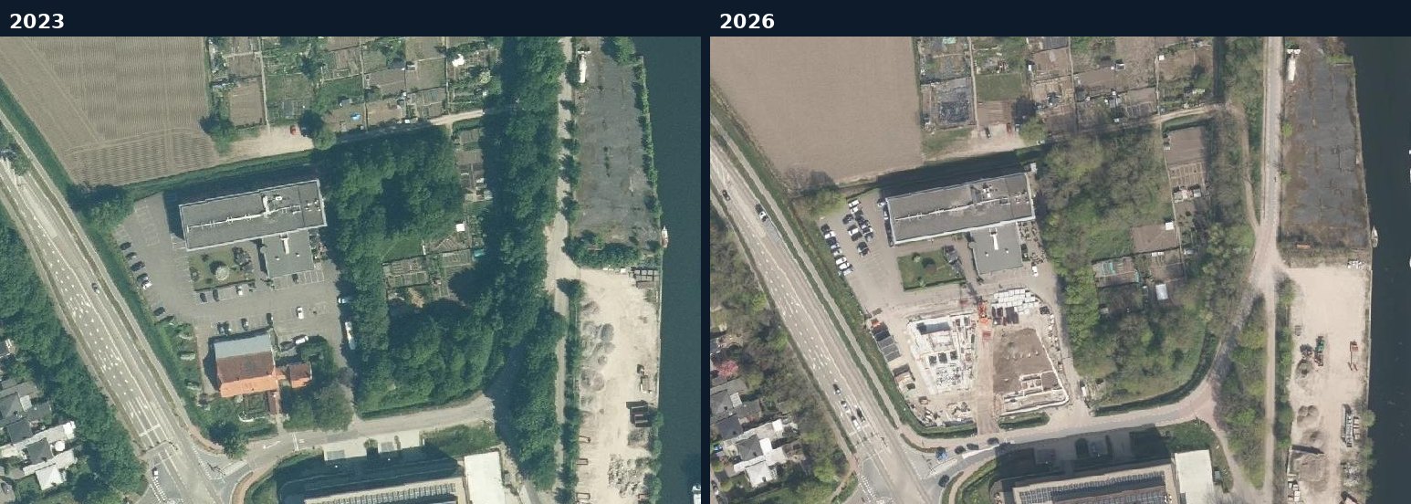 Luchtfoto van een bouwlocatie in Moerdijk in 2023 en 2026
