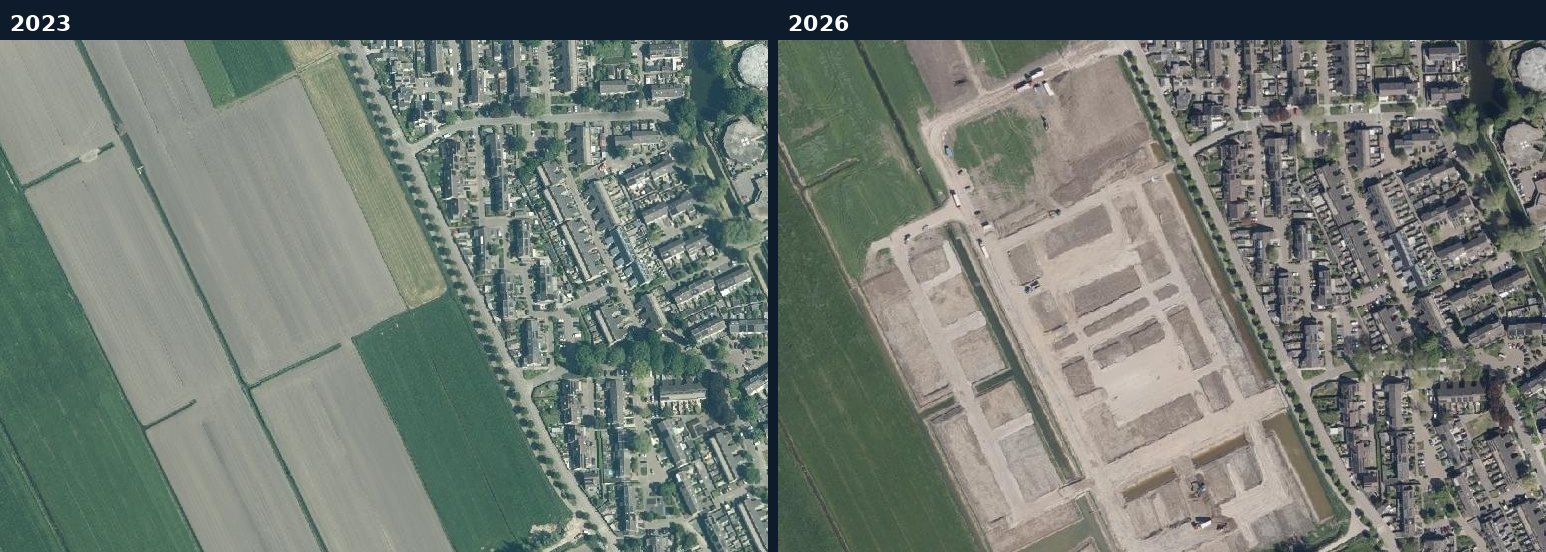 Luchtfoto van een bouwlocatie in Montfoort in 2023 en 2026