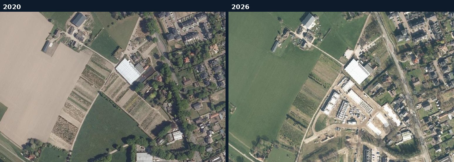 Luchtfoto van een bouwlocatie in Mook en Middelaar in 2020 en 2026