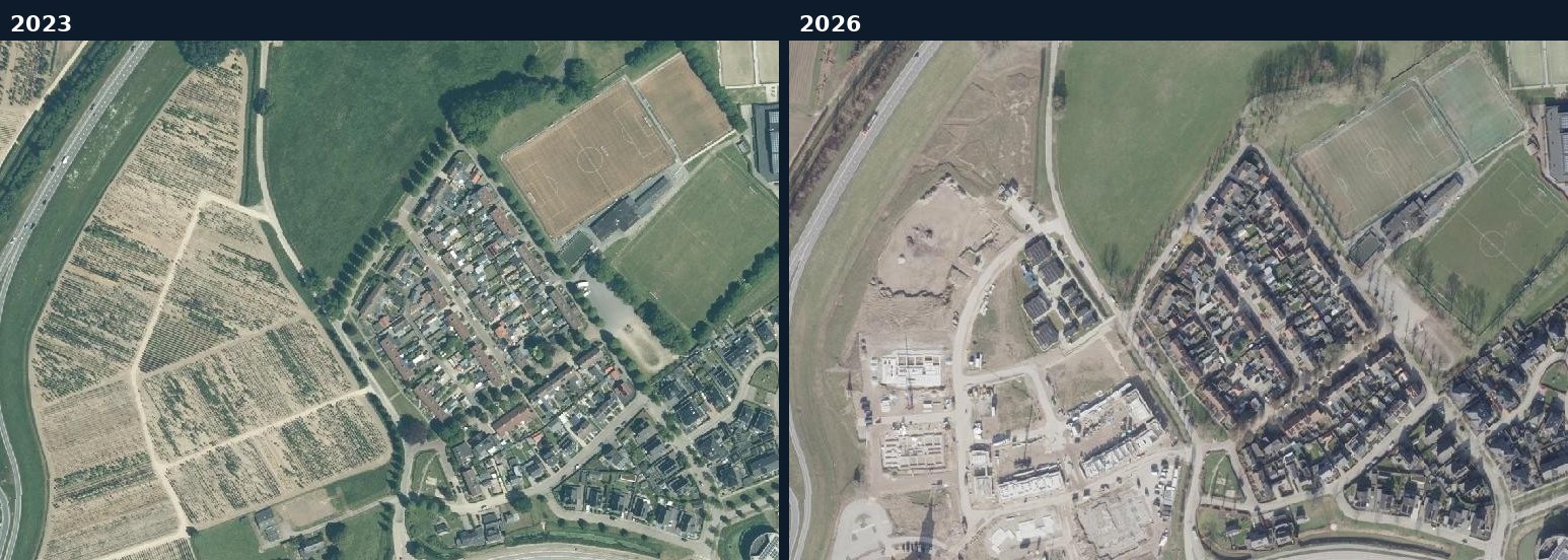 Luchtfoto van een bouwlocatie in Neder-Betuwe in 2023 en 2026