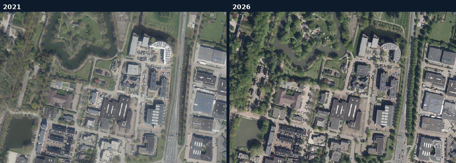 Luchtfoto van een bouwlocatie in Nieuwegein in 2021 en 2026