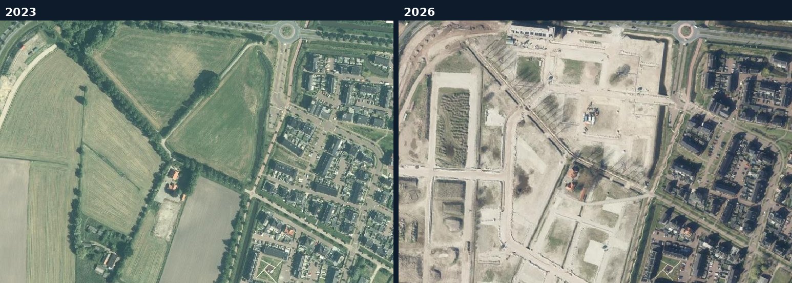 Luchtfoto van een bouwlocatie in Nijkerk in 2023 en 2026