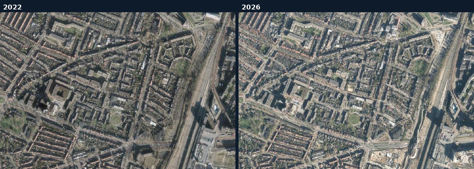Luchtfoto van een bouwlocatie in Nijmegen in 2022 en 2026