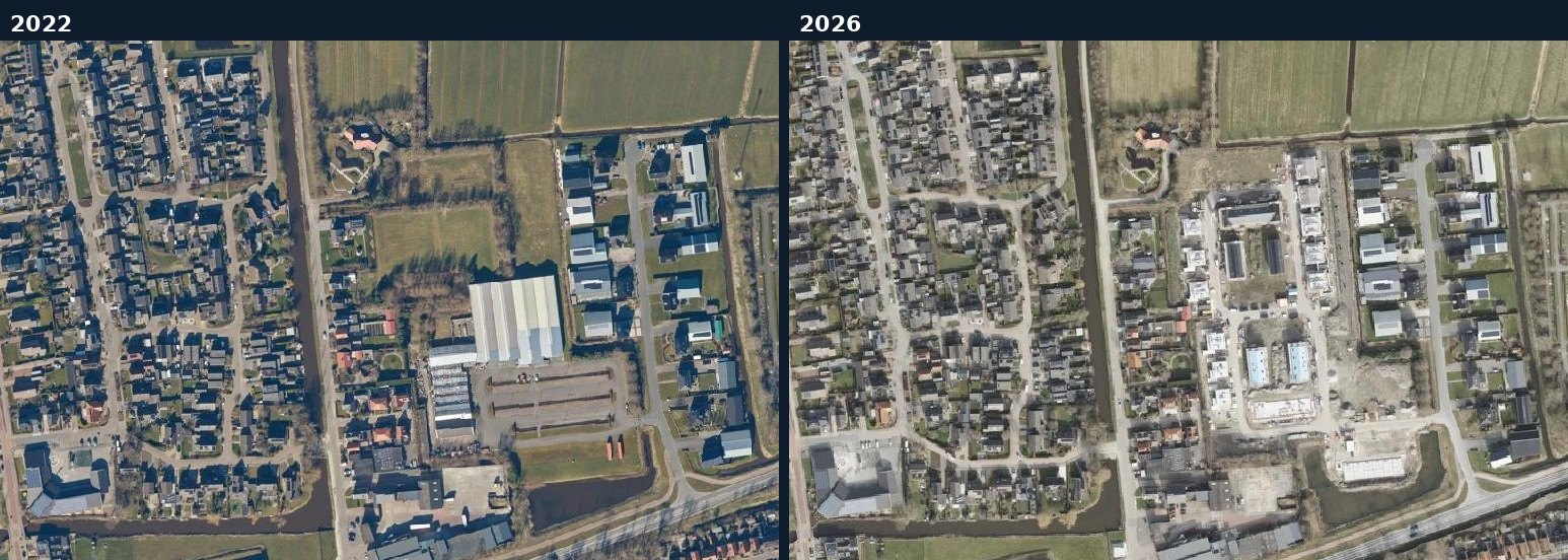 Luchtfoto van een bouwlocatie in Noardeast-Fryslân in 2022 en 2026