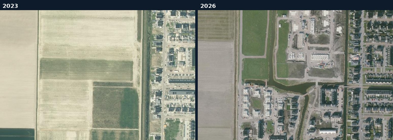 Luchtfoto van een bouwlocatie in Noordoostpolder in 2023 en 2026