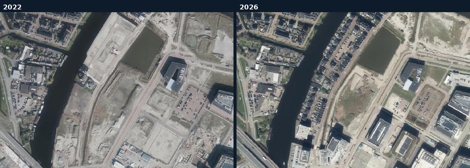 Luchtfoto van een bouwlocatie in Oegstgeest in 2022 en 2026