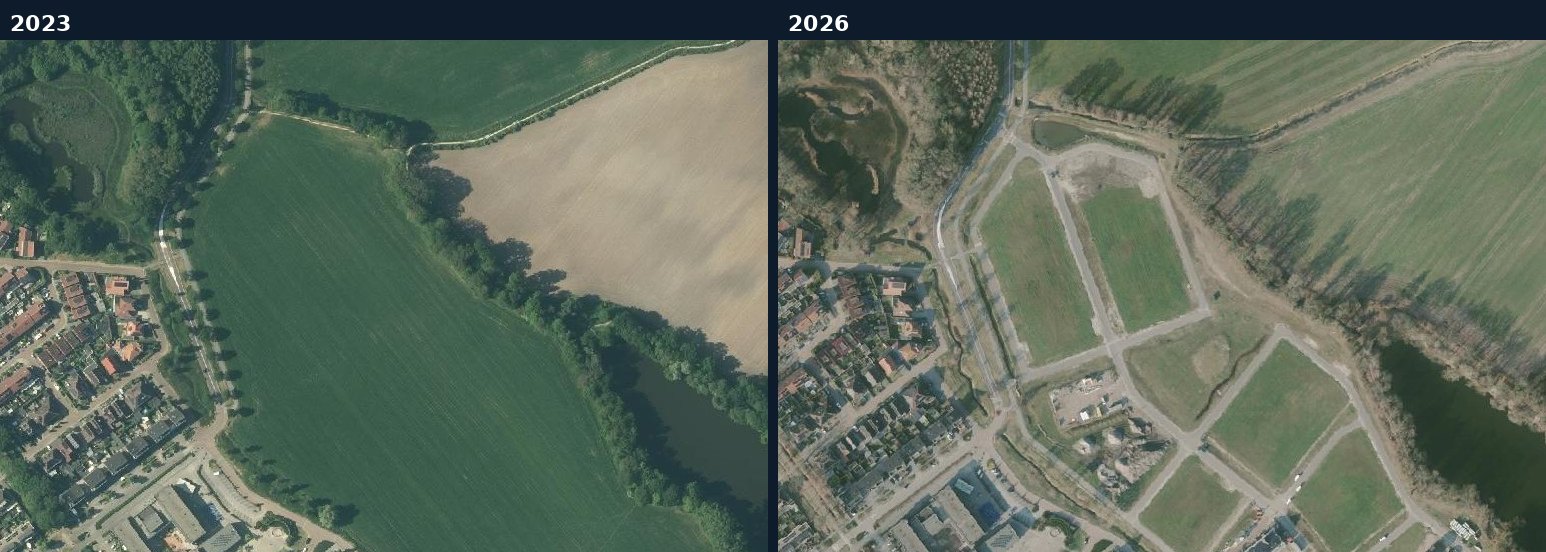 Luchtfoto van een bouwlocatie in Oldenzaal in 2023 en 2026