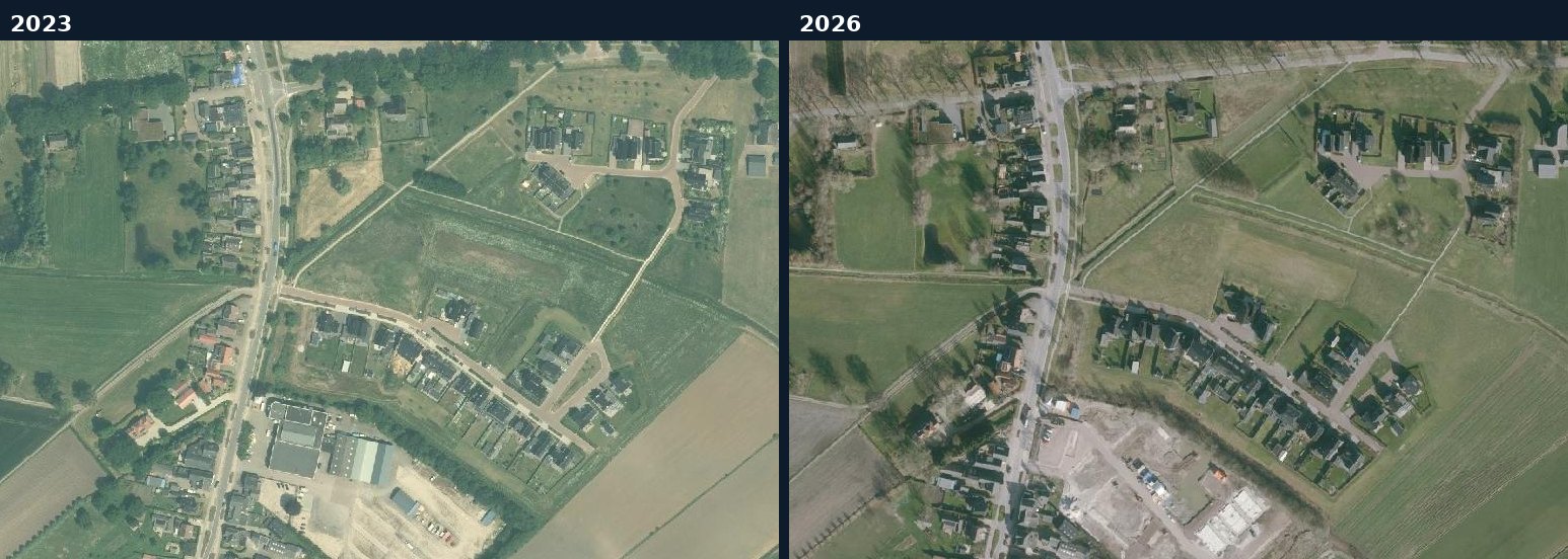 Luchtfoto van een bouwlocatie in Olst-Wijhe in 2023 en 2026