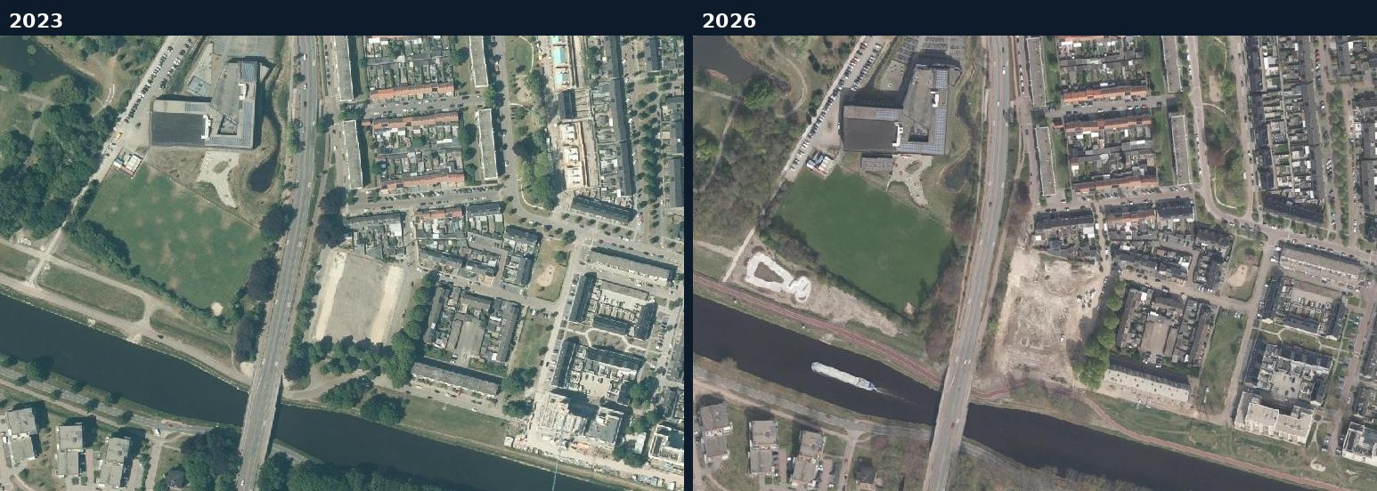 Luchtfoto van een bouwlocatie in Oosterhout in 2023 en 2026