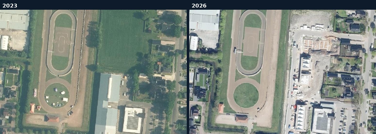 Luchtfoto van een bouwlocatie in Ooststellingwerf in 2023 en 2026