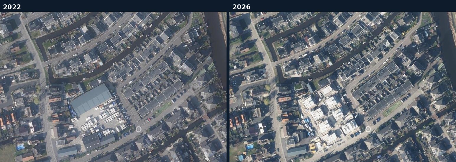 Luchtfoto van een bouwlocatie in Oostzaan in 2022 en 2026