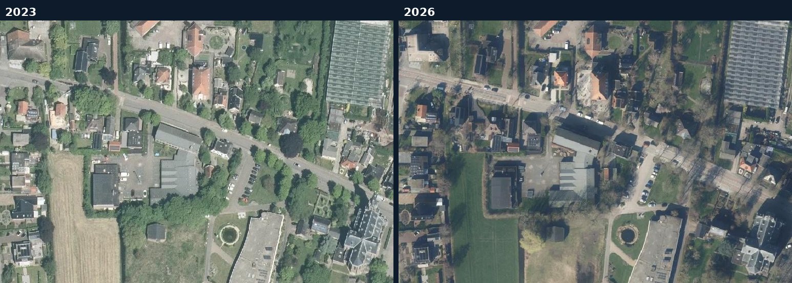 Luchtfoto van een bouwlocatie in Opmeer in 2023 en 2026