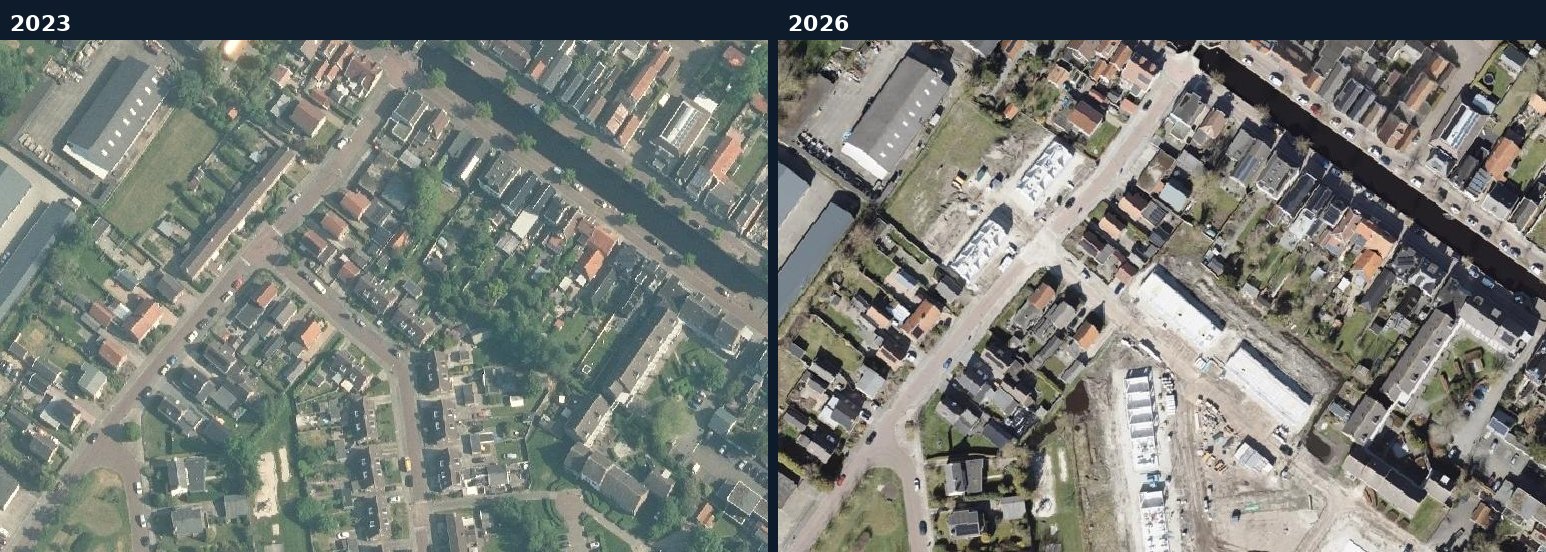 Luchtfoto van een bouwlocatie in Opsterland in 2023 en 2026