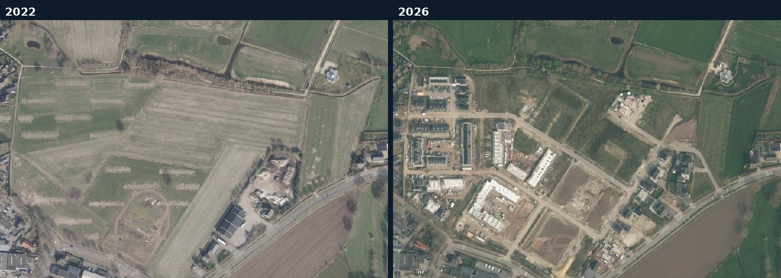 Luchtfoto van een bouwlocatie in Oss in 2022 en 2026