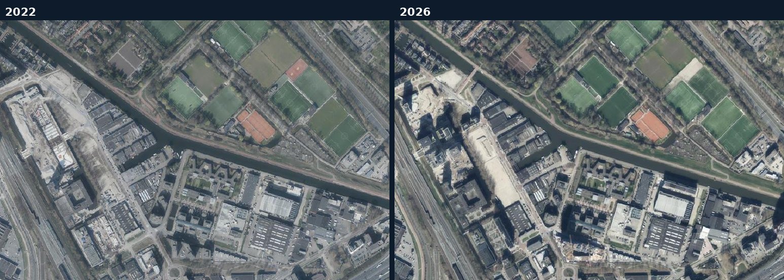 Luchtfoto van een bouwlocatie in Ouder-Amstel in 2022 en 2026