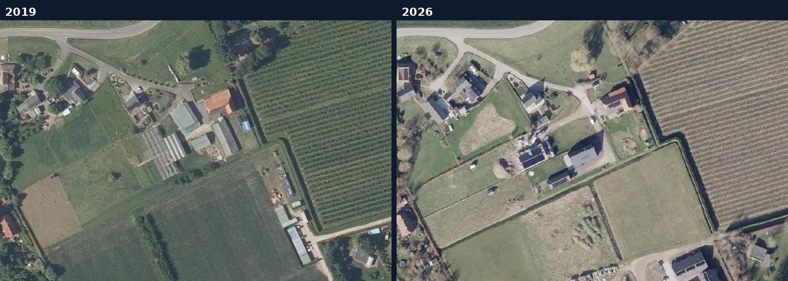 Luchtfoto van een bouwlocatie in Overbetuwe in 2019 en 2026