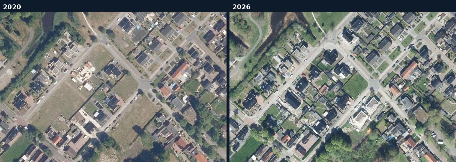 Luchtfoto van een bouwlocatie in Pekela in 2020 en 2026