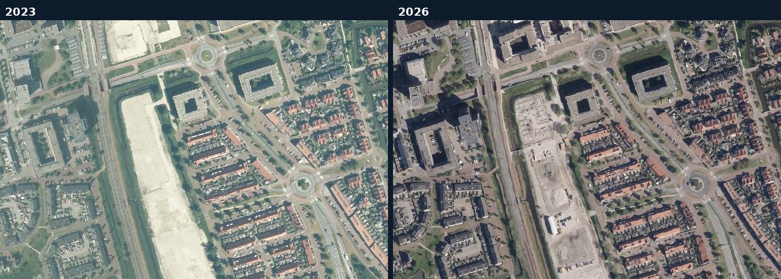 Luchtfoto van een bouwlocatie in Pijnacker-Nootdorp in 2023 en 2026