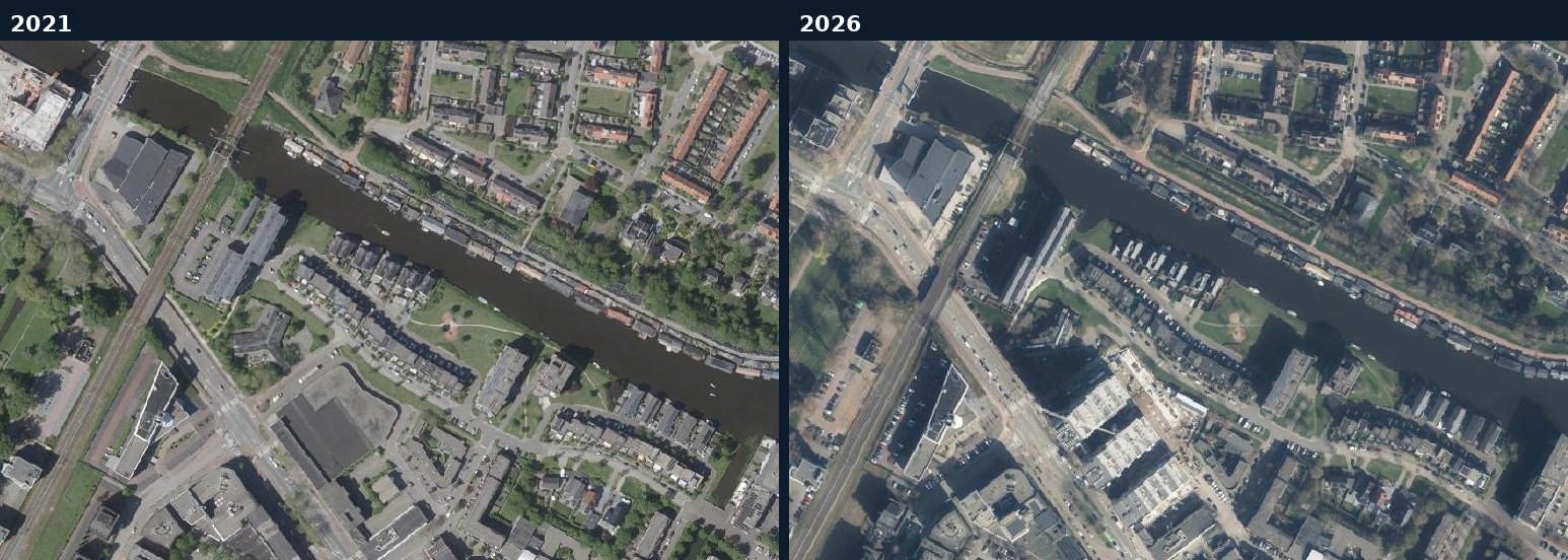 Luchtfoto van een bouwlocatie in Purmerend in 2021 en 2026