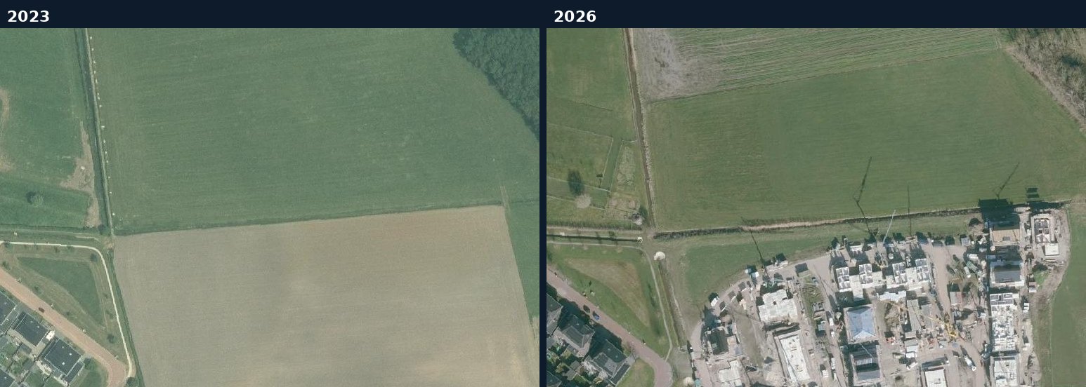 Luchtfoto van een bouwlocatie in Raalte in 2023 en 2026