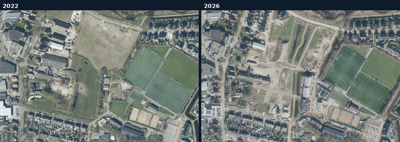 Luchtfoto van een bouwlocatie in Renswoude in 2022 en 2026