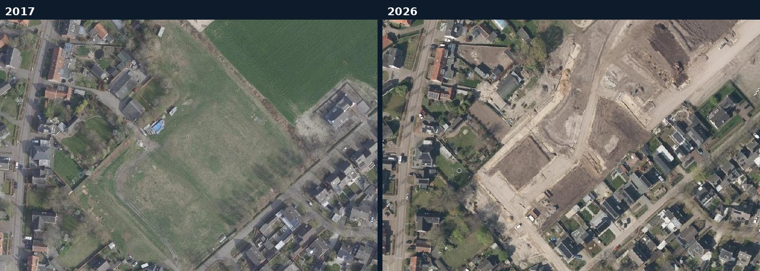 Luchtfoto van een bouwlocatie in Reusel-De Mierden in 2017 en 2026