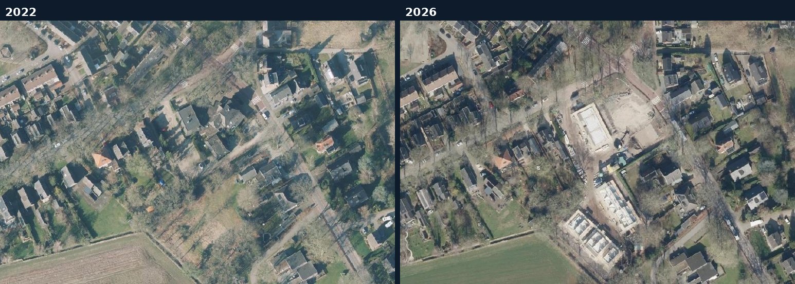 Luchtfoto van een bouwlocatie in Rheden in 2022 en 2026