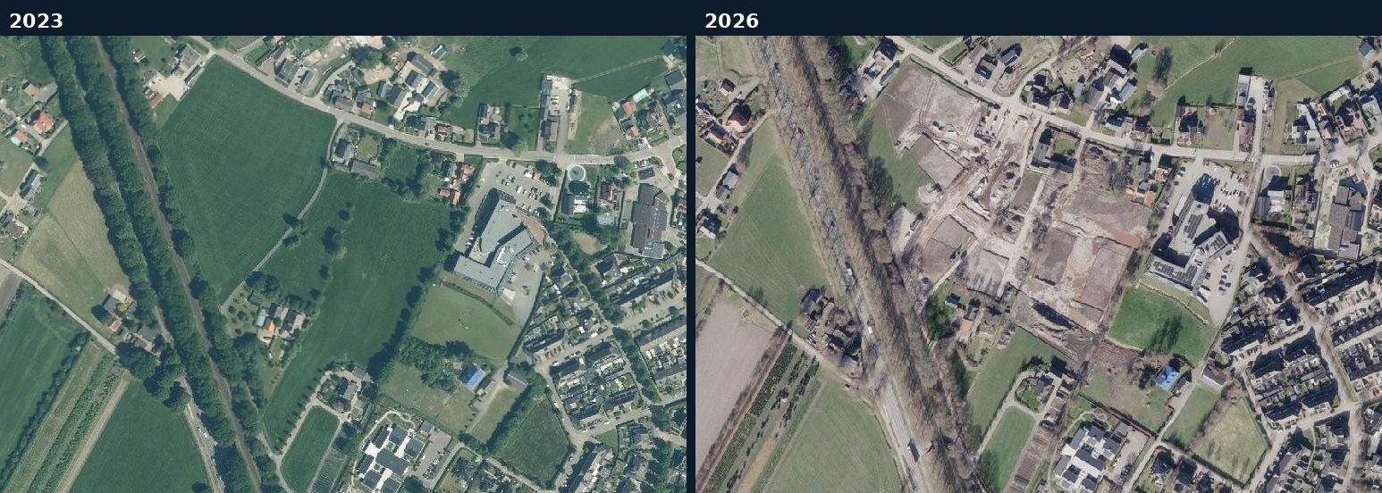 Luchtfoto van een bouwlocatie in Rhenen in 2023 en 2026