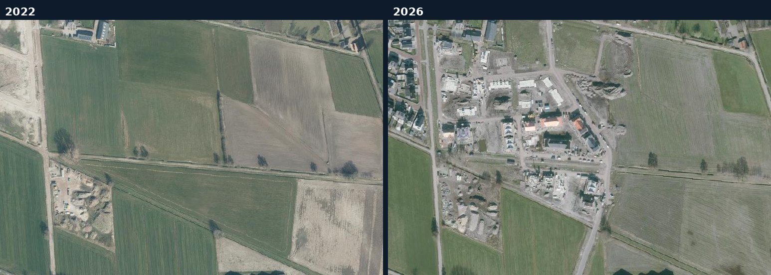 Luchtfoto van een bouwlocatie in Rijssen-Holten in 2022 en 2026
