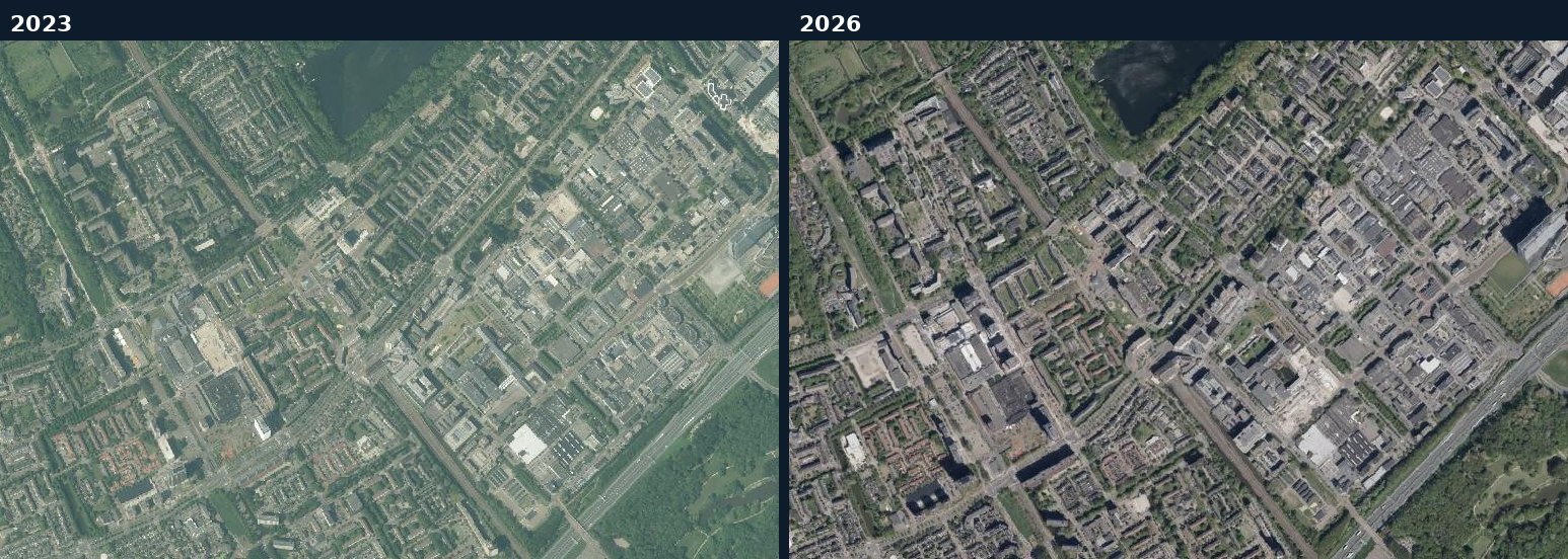 Luchtfoto van een bouwlocatie in Rijswijk (ZH.) in 2023 en 2026