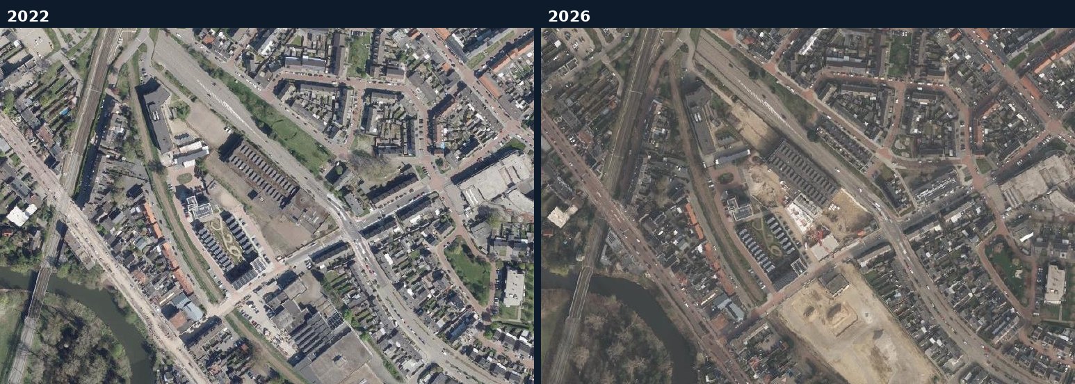 Luchtfoto van een bouwlocatie in Roermond in 2022 en 2026