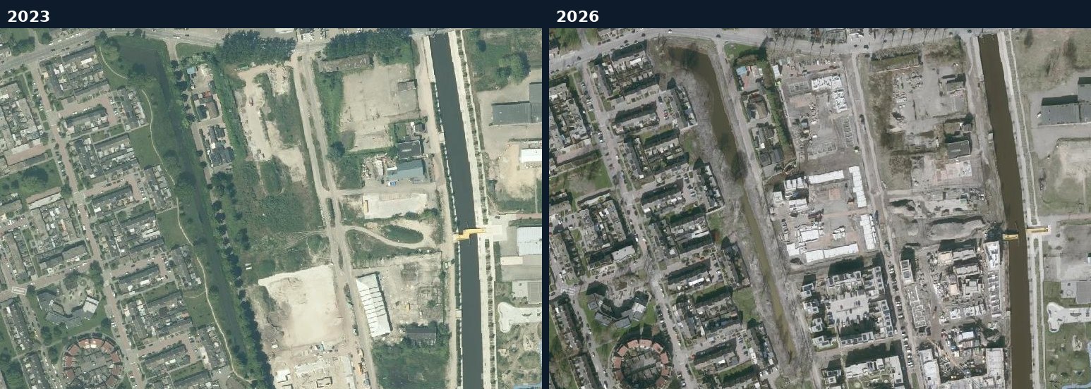 Luchtfoto van een bouwlocatie in Roosendaal in 2023 en 2026
