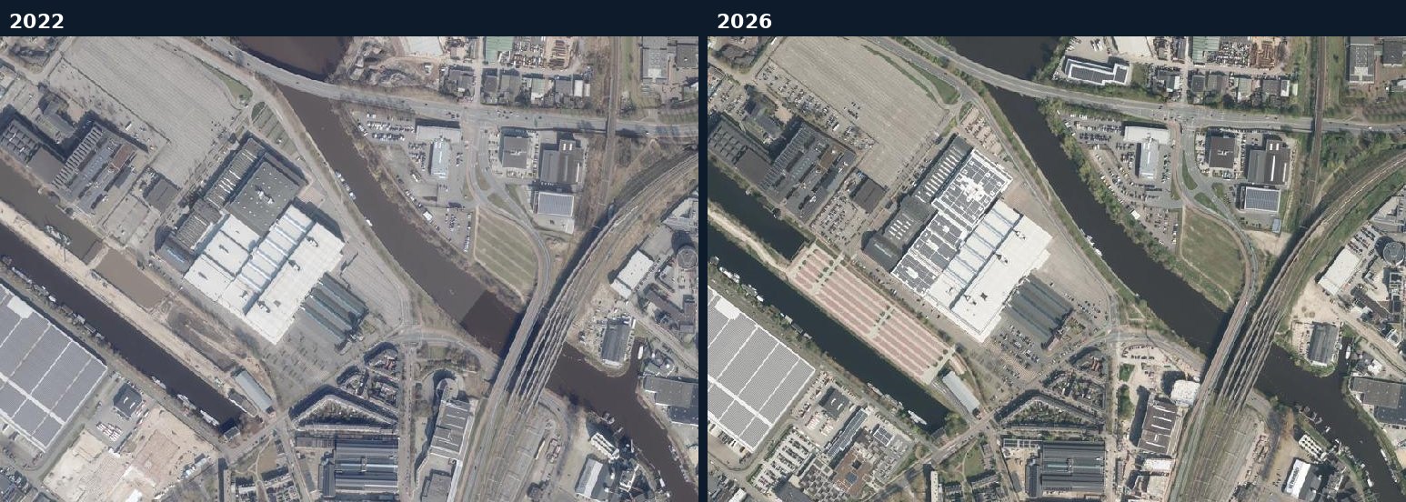 Luchtfoto van een bouwlocatie in 's-Hertogenbosch in 2022 en 2026