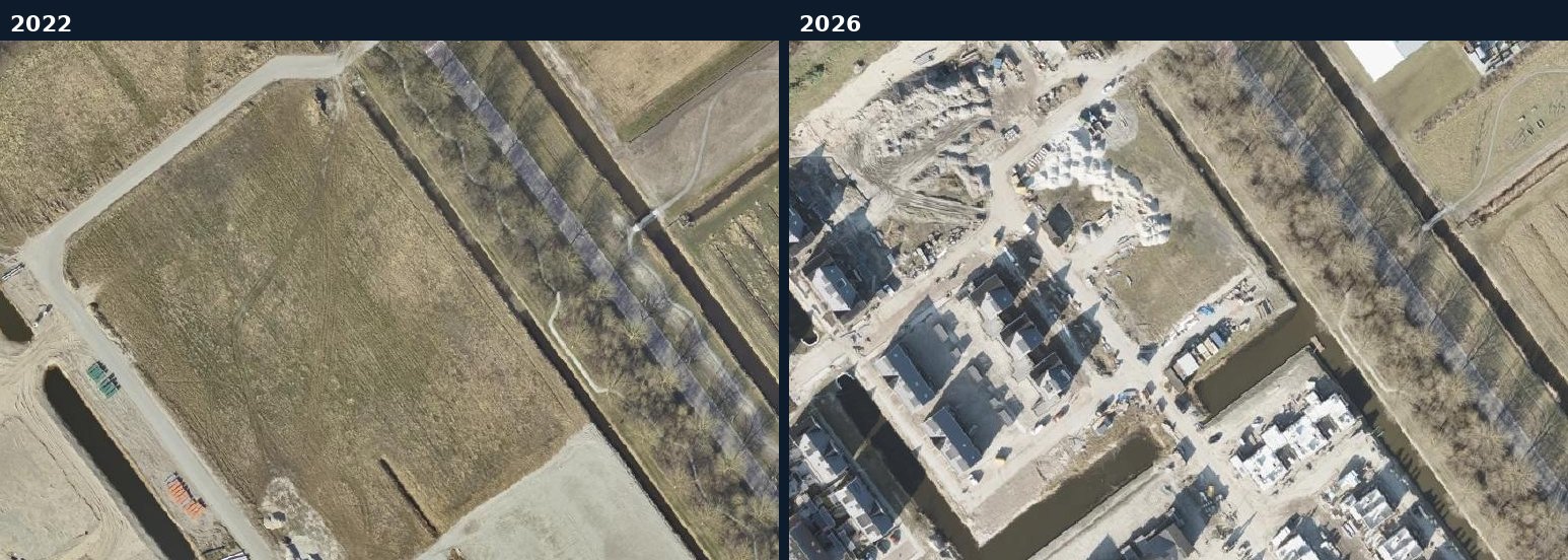 Luchtfoto van een bouwlocatie in Schagen in 2022 en 2026