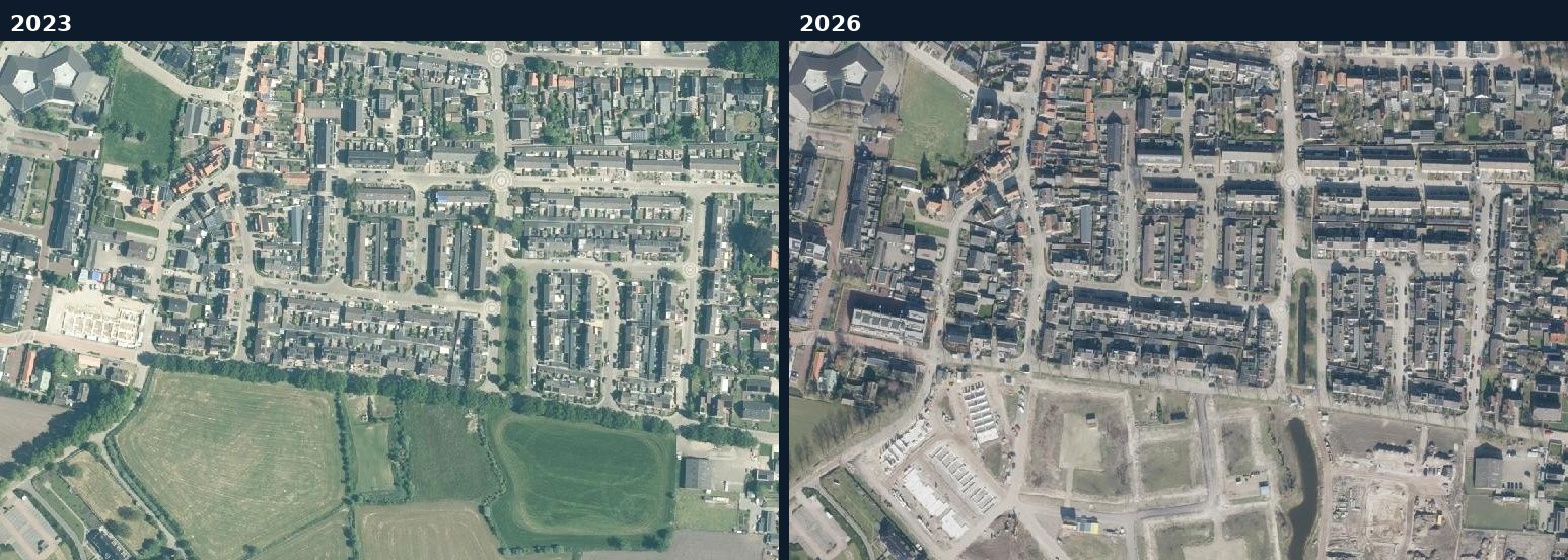 Luchtfoto van een bouwlocatie in Scherpenzeel in 2023 en 2026