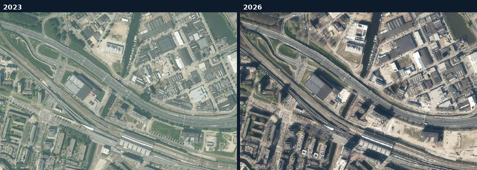 Luchtfoto van een bouwlocatie in Schiedam in 2023 en 2026