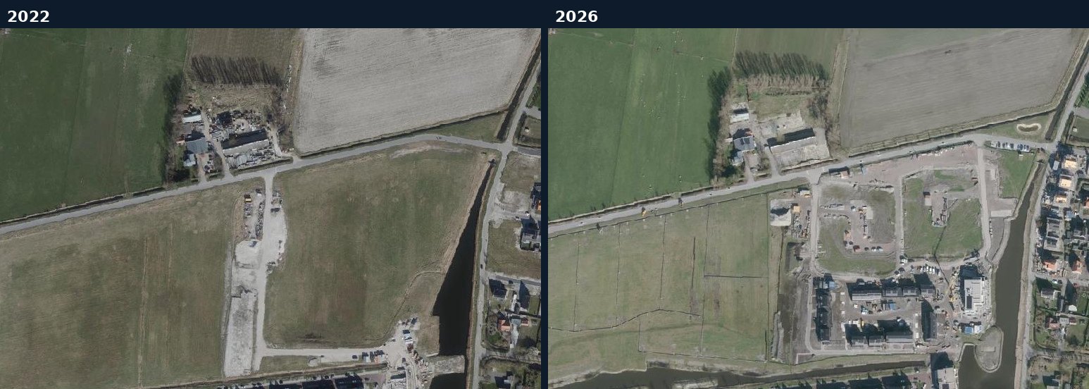 Luchtfoto van een bouwlocatie in Schouwen-Duiveland in 2022 en 2026