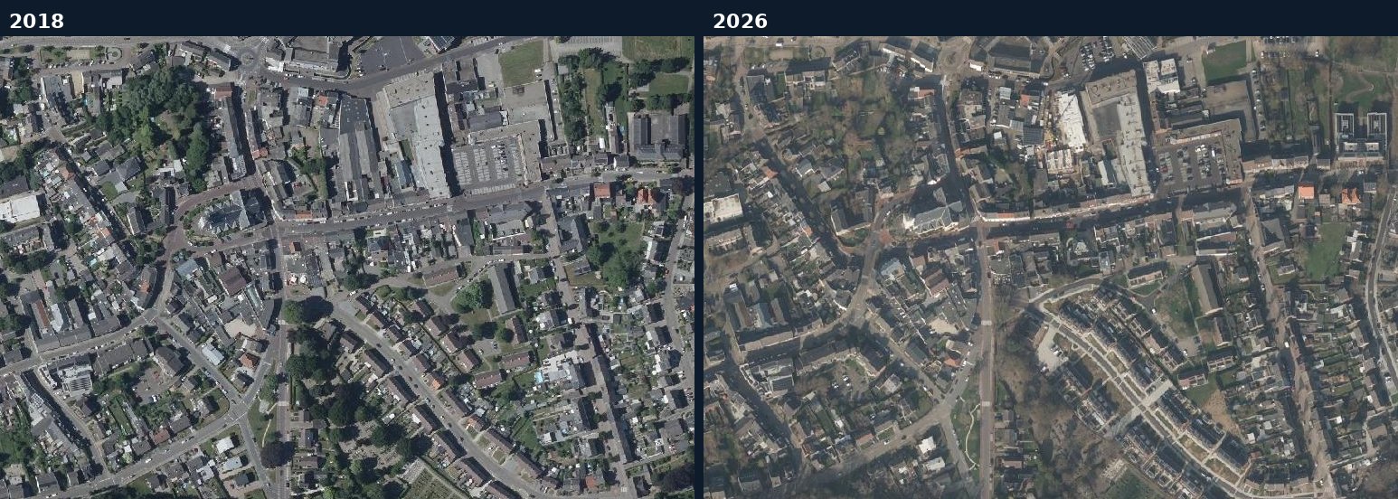 Luchtfoto van een bouwlocatie in Simpelveld in 2018 en 2026