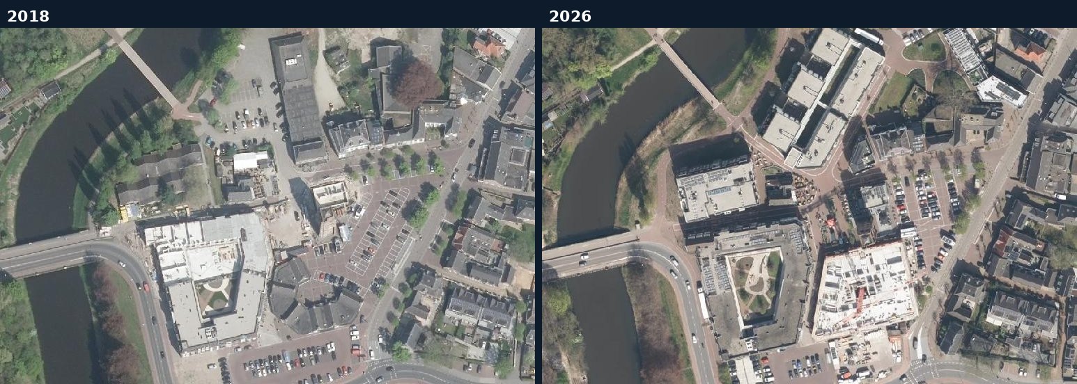 Luchtfoto van een bouwlocatie in Sint-Michielsgestel in 2018 en 2026