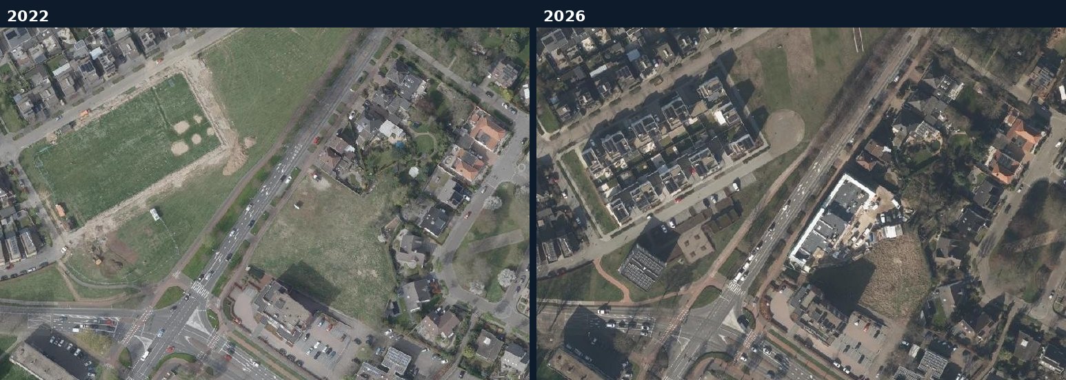 Luchtfoto van een bouwlocatie in Sittard-Geleen in 2022 en 2026