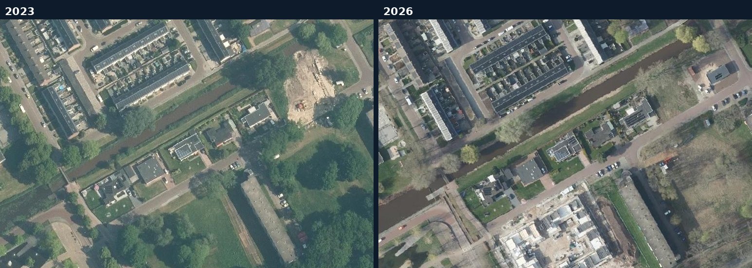 Luchtfoto van een bouwlocatie in Stadskanaal in 2023 en 2026