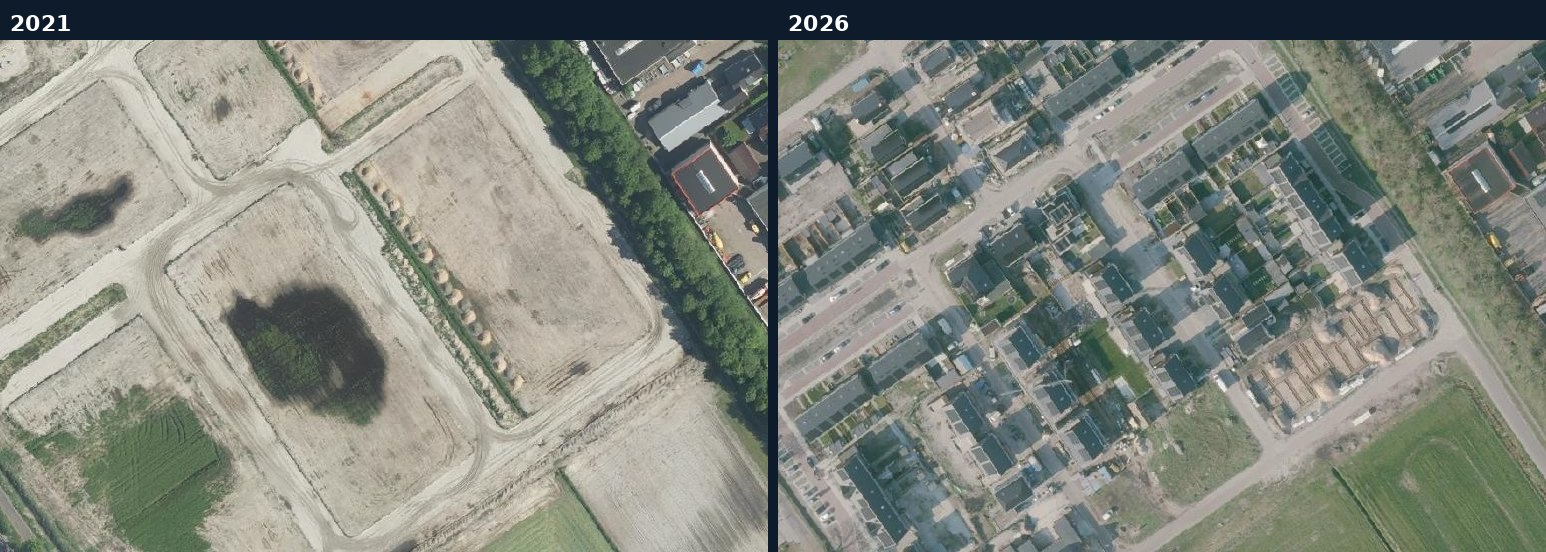 Luchtfoto van een bouwlocatie in Staphorst in 2021 en 2026