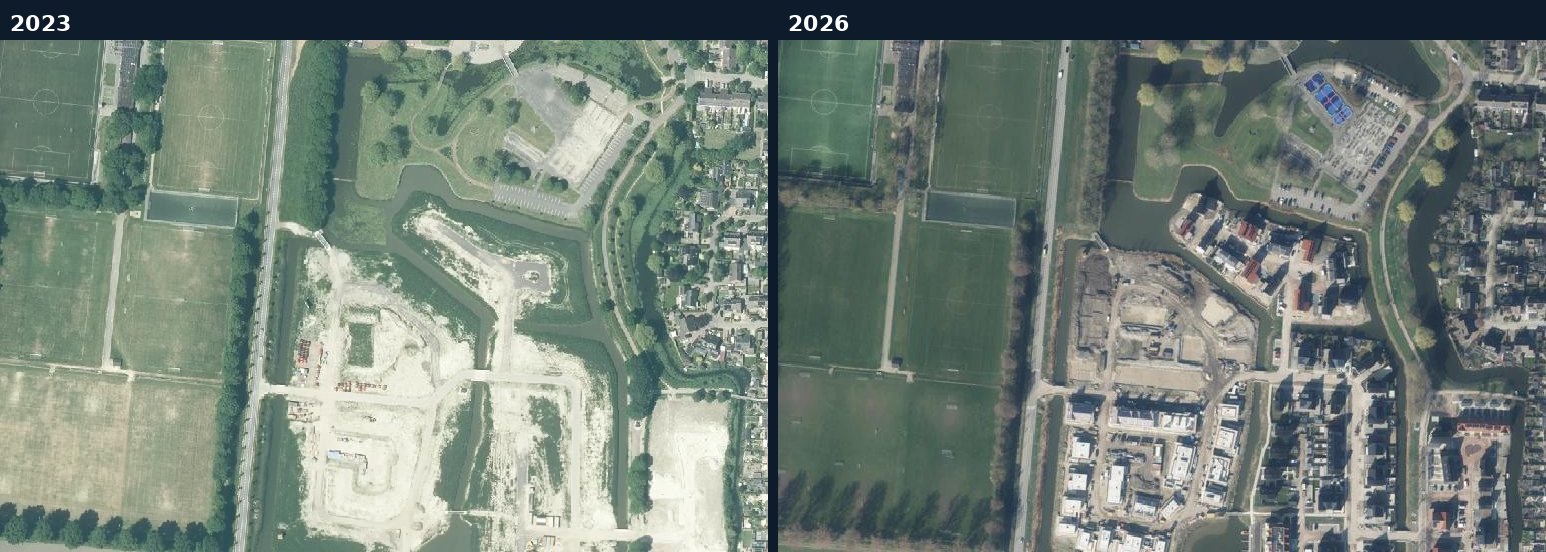 Luchtfoto van een bouwlocatie in Stede Broec in 2023 en 2026