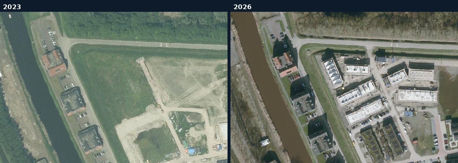 Luchtfoto van een bouwlocatie in Steenbergen in 2023 en 2026