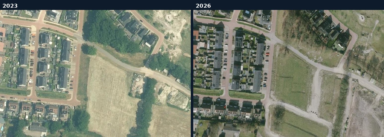 Luchtfoto van een bouwlocatie in Steenwijkerland in 2023 en 2026