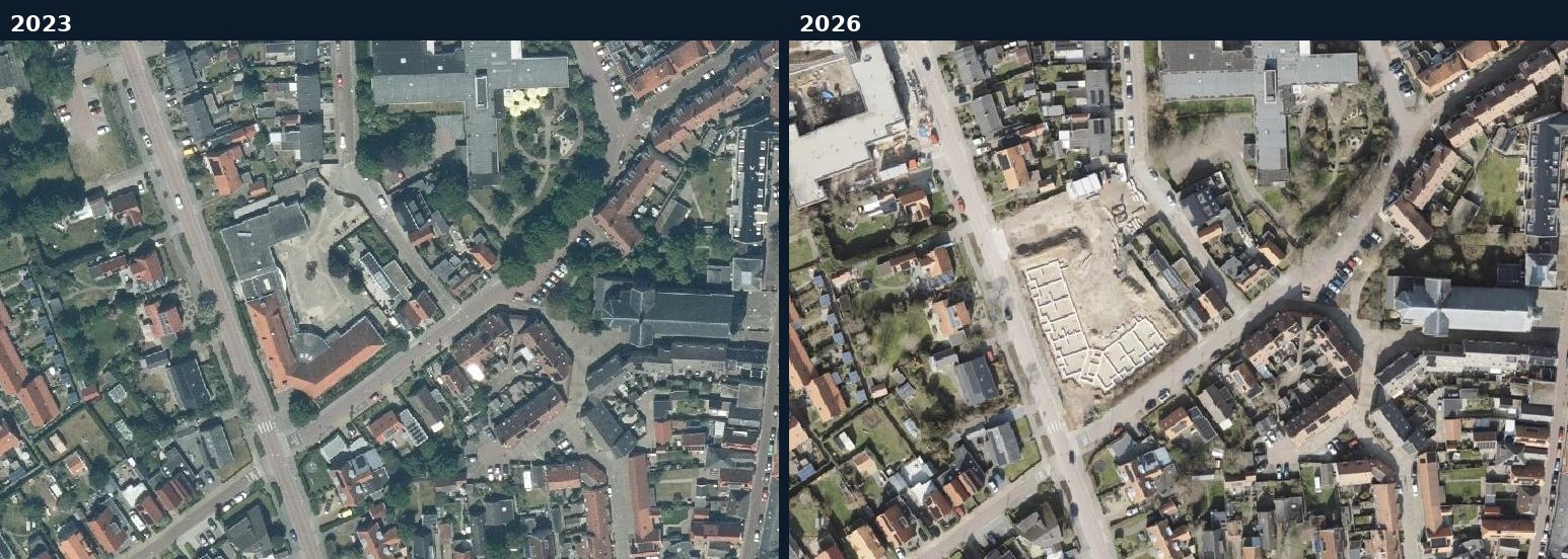 Luchtfoto van een bouwlocatie in Texel in 2023 en 2026
