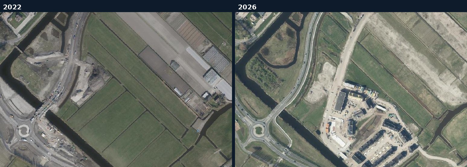 Luchtfoto van een bouwlocatie in Teylingen in 2022 en 2026