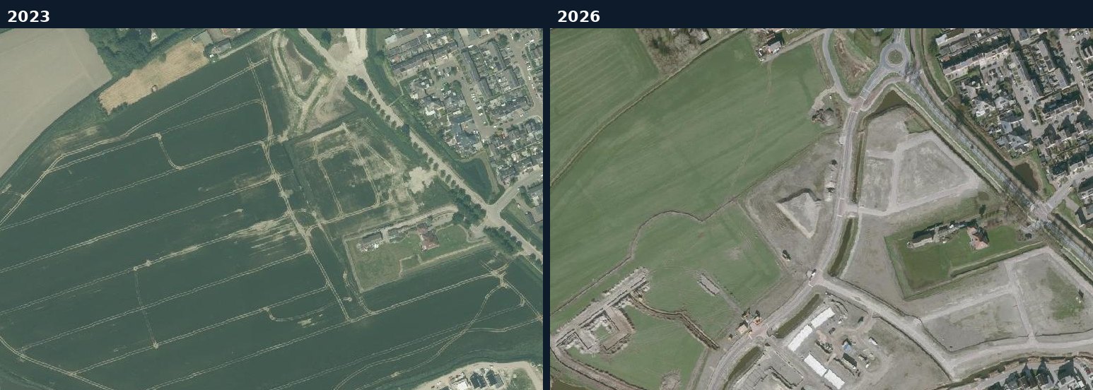 Luchtfoto van een bouwlocatie in Tholen in 2023 en 2026