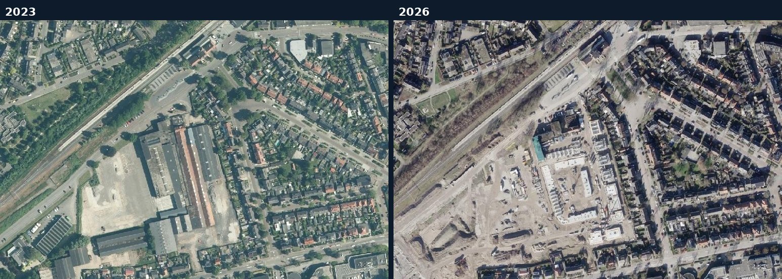 Luchtfoto van een bouwlocatie in Tiel in 2023 en 2026